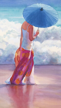 Blue Parasol. Original Watercolor by Shirley Lehner-Rhoades.