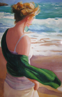 Green Scarf. Original Watercolor by Shirley Lehner-Rhoades.