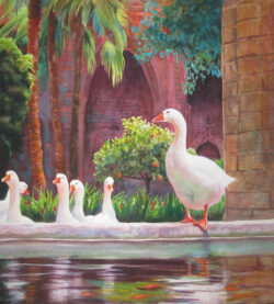 Guardian Geese at Eulalia Cathedral, Barcelona. Original Watercolor by Shirley Lehner-Rhoades.