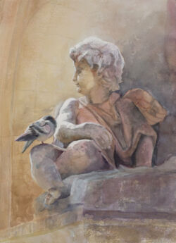 Cherub Sculpture in Paris Original Watercolor Painting by Shirley Lehner-Rhoades.