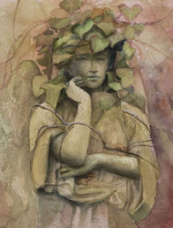 Ivy-crowned Sculpted Parisian Figure Original Watercolor Painting by Shirley Lehner-Rhoades.