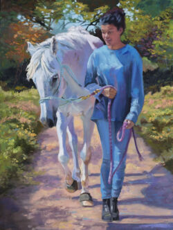 Haley Walking her Horse Comet Original Oil Painting by Shirley Lehner-Rhoades. Oil on canvas.